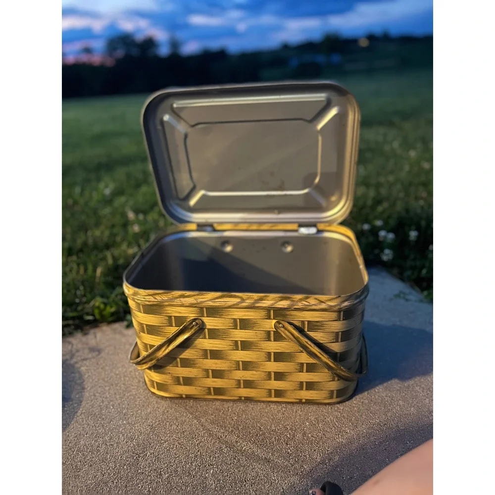 Vintage Metal Picnic Basket Tin Faux Basket Weave Litho Yellow Brown Hinged Lid